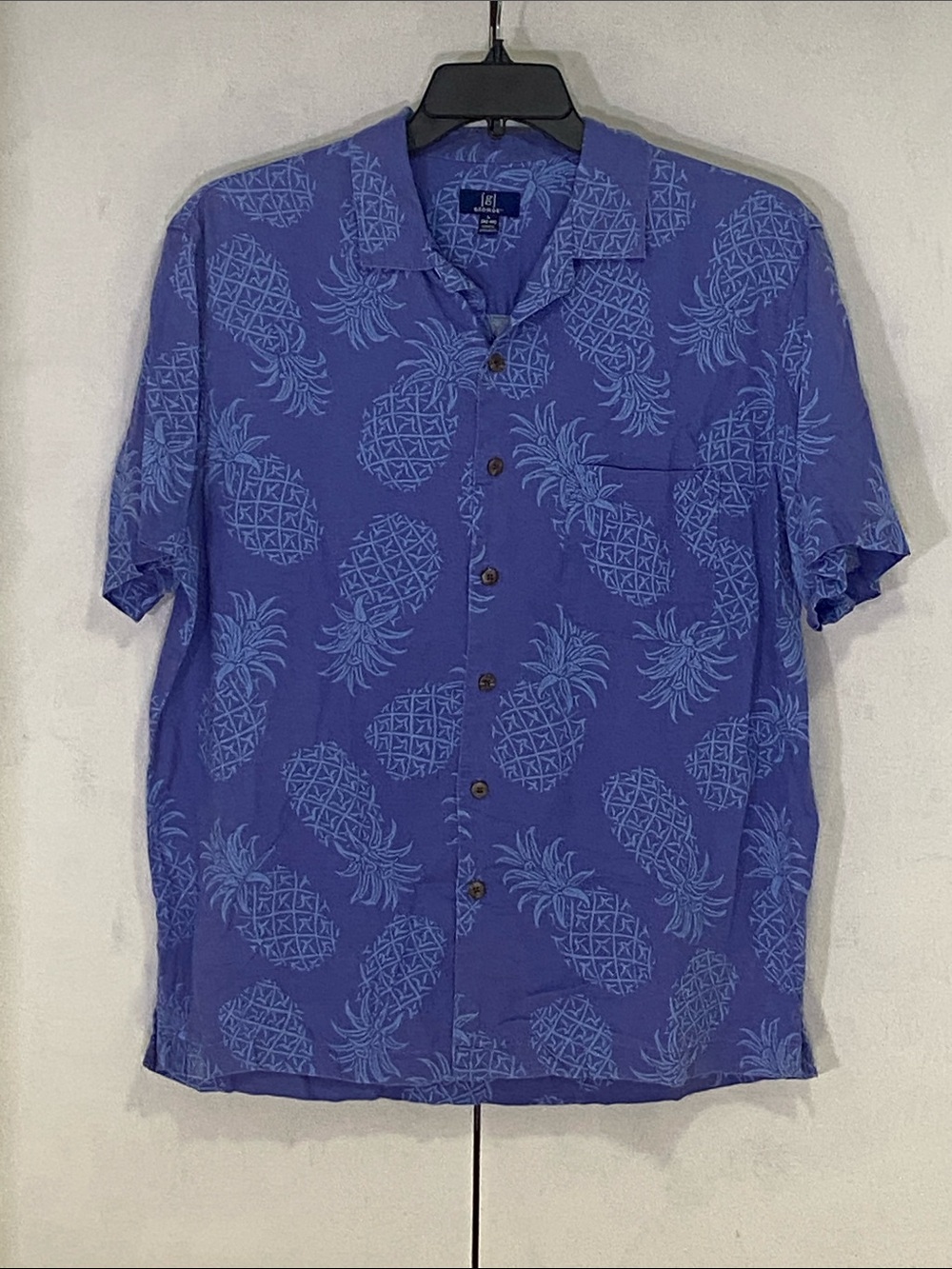 Islander Men's Pineapple Print Linen Blend George Button-Down Shirt Large Blue